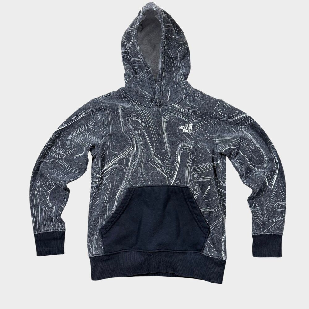 The North Face Boys Hoodie Small 7/8 Gray Topo Map Print Pullover Sweatshirt TNF
